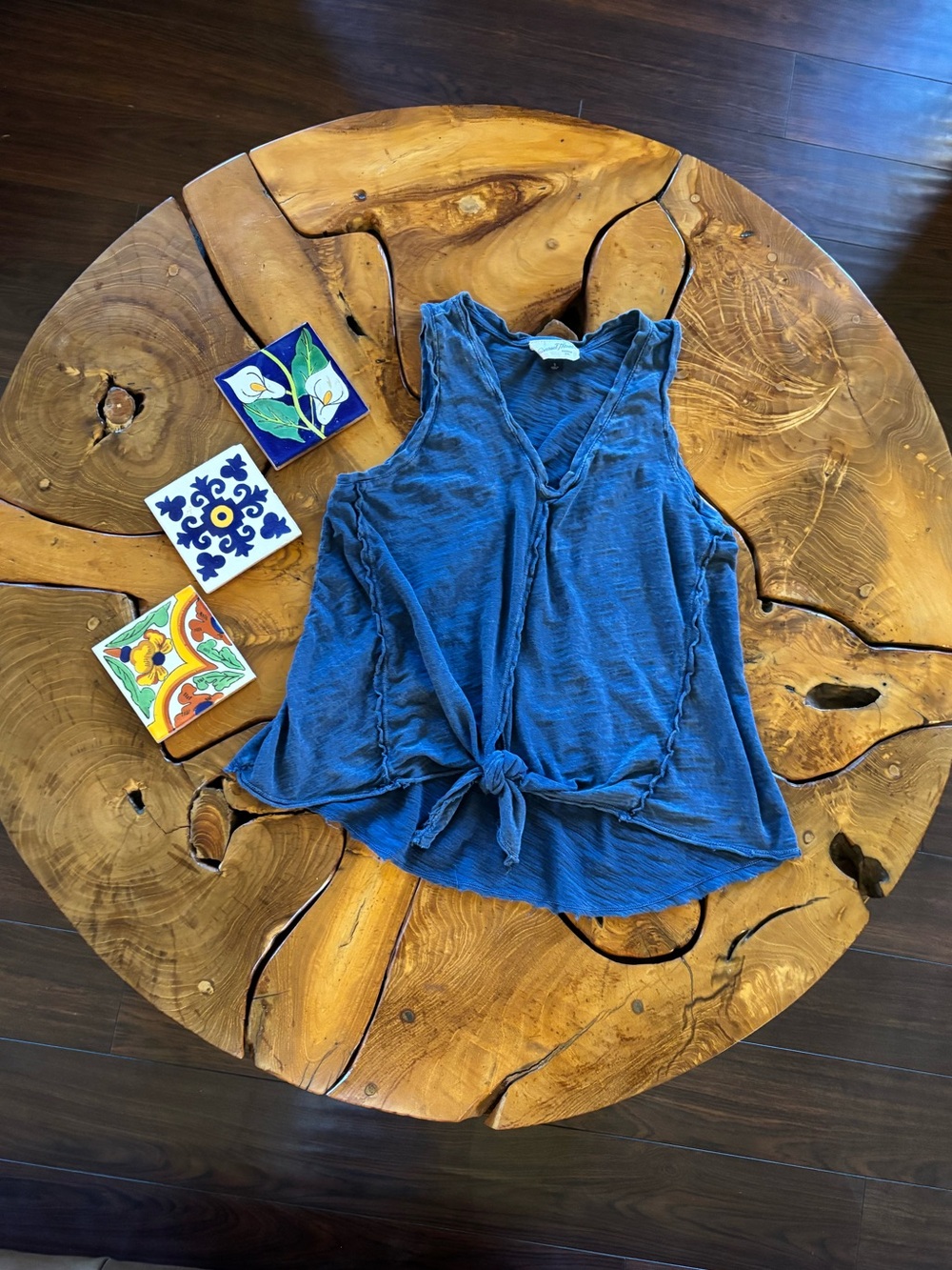 Universal Thread Blue Tie Front Tank Top Denim Look Inside Out Seams